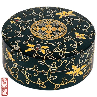香合 定紋唐草蒔絵入 本漆塗蝋色 内部金箔押 卯兵衛印（口径9～15cm 5種類）
