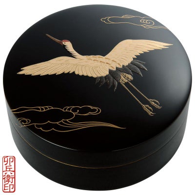 香合 翔鶴蒔絵入 本漆塗蝋色 内部金箔押 卯兵衛印（口径9～15cm 5種類）
