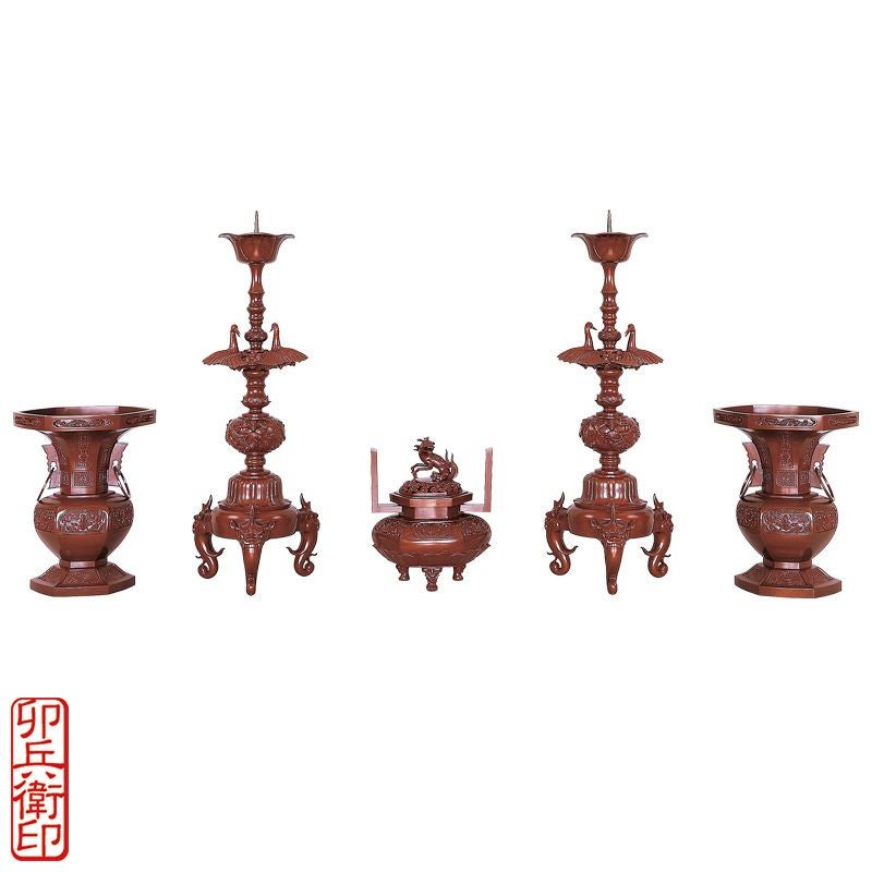 五具足 御本山六角型別製 蝋型鋳造 卯兵衛印（花瓶対辺18～27cm 4種類）