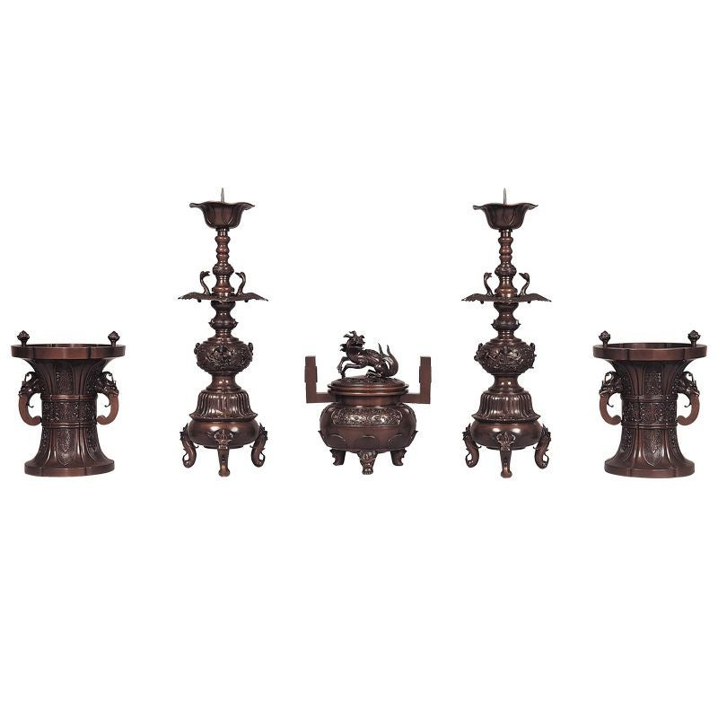 五具足 御本山様式 花瓶菖蒲型 花瓶落とし付 蝋型鋳造 別製最上（花瓶対辺15～30cm 6種類）