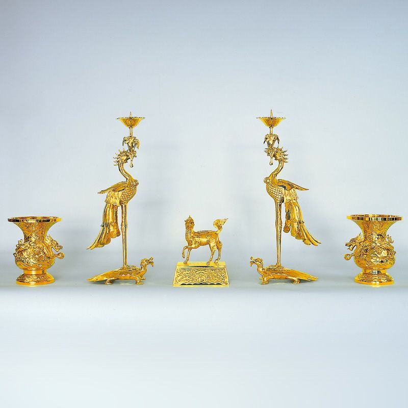 五具足〈麟鳳型〉 御本山様式 真鍮製 磨き 花瓶口径24cm（高田派）