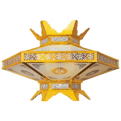 新型灯籠〈六角型〉 定紋入 真鍮製 純金箔押 電装品付 極上 火袋2辺合計91cm（各宗派）