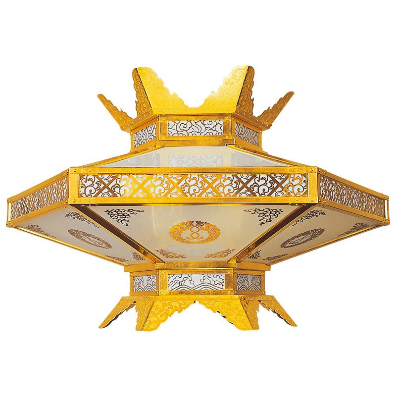 新型灯籠〈六角型〉 定紋入 真鍮製 純金箔押 電装品付 極上 火袋2辺合計91cm（各宗派）