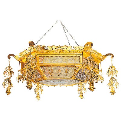 半菱型照明灯 銅製 純金箔押 PC製瓔珞付 電装品付 極上 笠径106cm（各宗派）