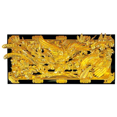 欄間 桐に鳳凰彫刻入 本漆塗 純金箔押 框金具打 極上 基準寸法横幅157cm（各宗派）