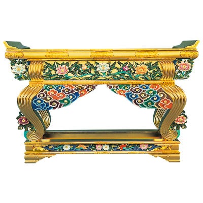 御影堂型前卓 牡丹雲彫刻入極彩色仕上 最上 横幅152cm（高田派）