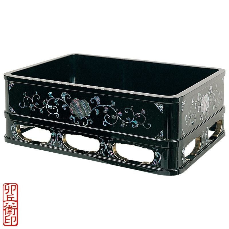 据箱 青貝入 内部純金箔押 卯兵衛印 内寸横幅32cm、奥行23.5cm（各宗派