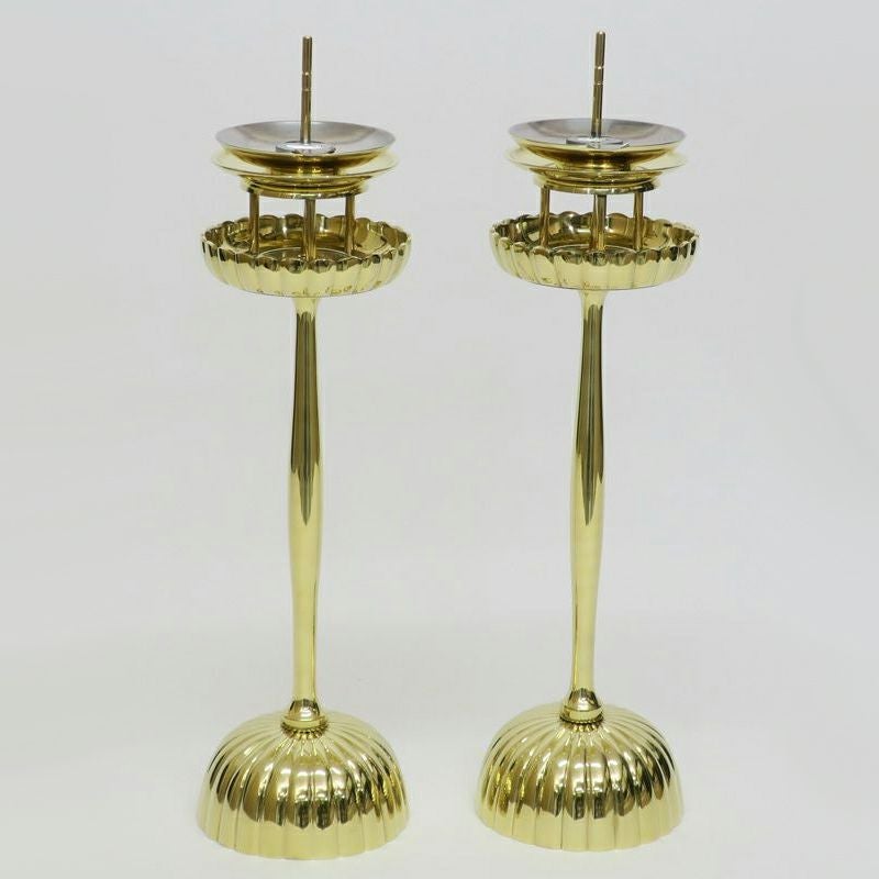 【修縁堂】真言密教 仏具 真鍮製 宝珠焼香器 寺院用仏具 菊壇灯 真鍮製 磨き 雲手油皿付（上皿高さ約23cm、上皿高さ約30.5cm 2