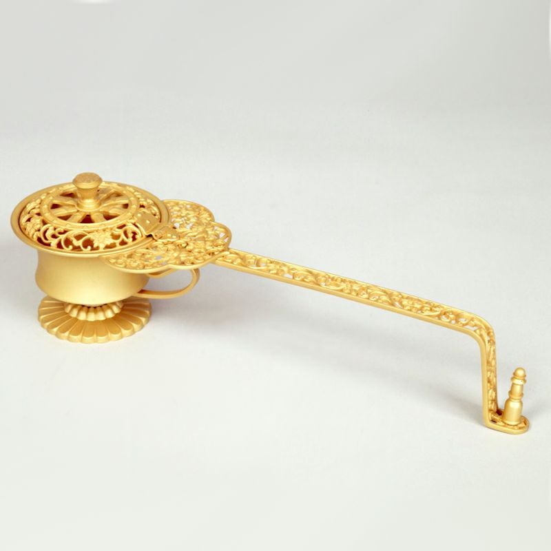 柄香炉 宝相華透かし模様 真鍮製 艶消メッキ 長さ約29cm | 寺院用仏具