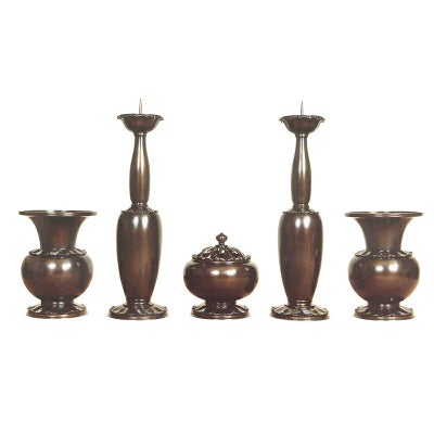 白鳳蓮型 五具足 梨地唐金製 花瓶口径27cm～15cm 1組