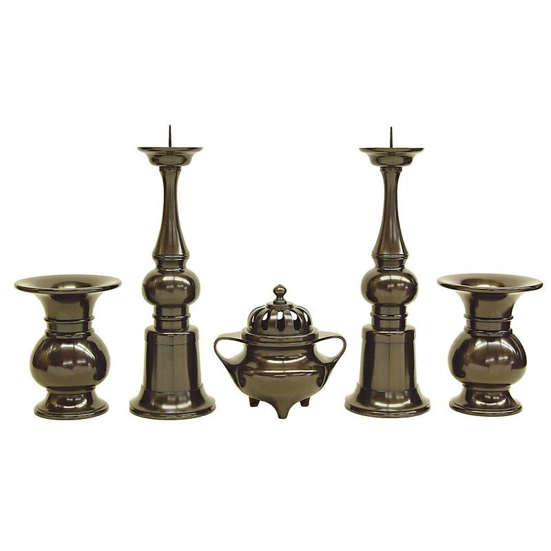 妙心寺型 五具足 梨地唐金製 花瓶口径27cm～18cm 1組