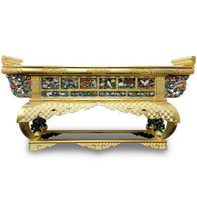 【中古品】六鳥型前卓 腰六鳥彫 純金箔押 最上 本願寺派 横幅212cm