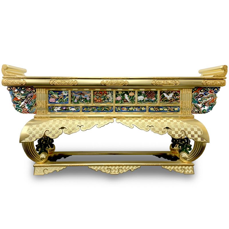 【中古品】六鳥型前卓 腰六鳥彫 純金箔押 最上 本願寺派 横幅212cm