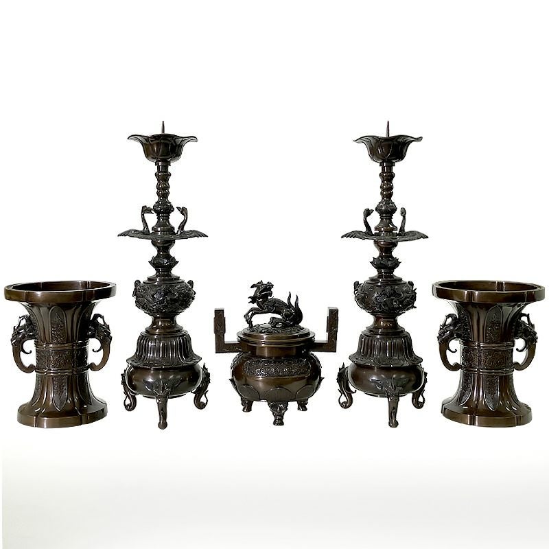 【アウトレット】五具足 御本山様式 花瓶菖蒲型 別製最上 蝋型鋳造 本願寺派 花瓶口径21cm