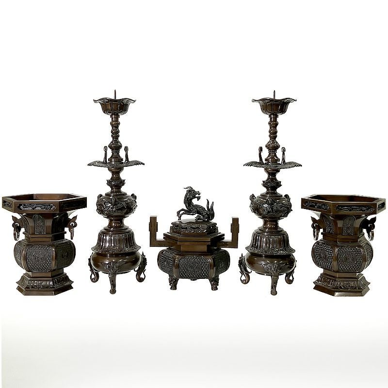 【アウトレット】五具足 御本山様式 花瓶六角型 極上 唐金製 本願寺派 花瓶対辺21.5cm