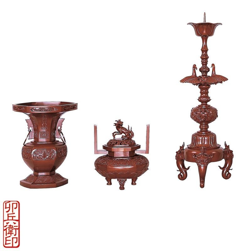 三具足 御本山六角型別製 蝋型鋳造 卯兵衛印（花瓶対辺18～27cm 4種類）