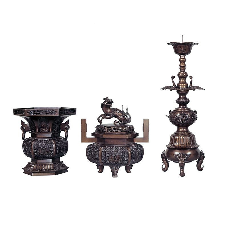 三具足 御本山様式 花瓶六角型 花瓶落としなし 蝋型鋳造 別製最上（花瓶対辺15～30cm 6種類）